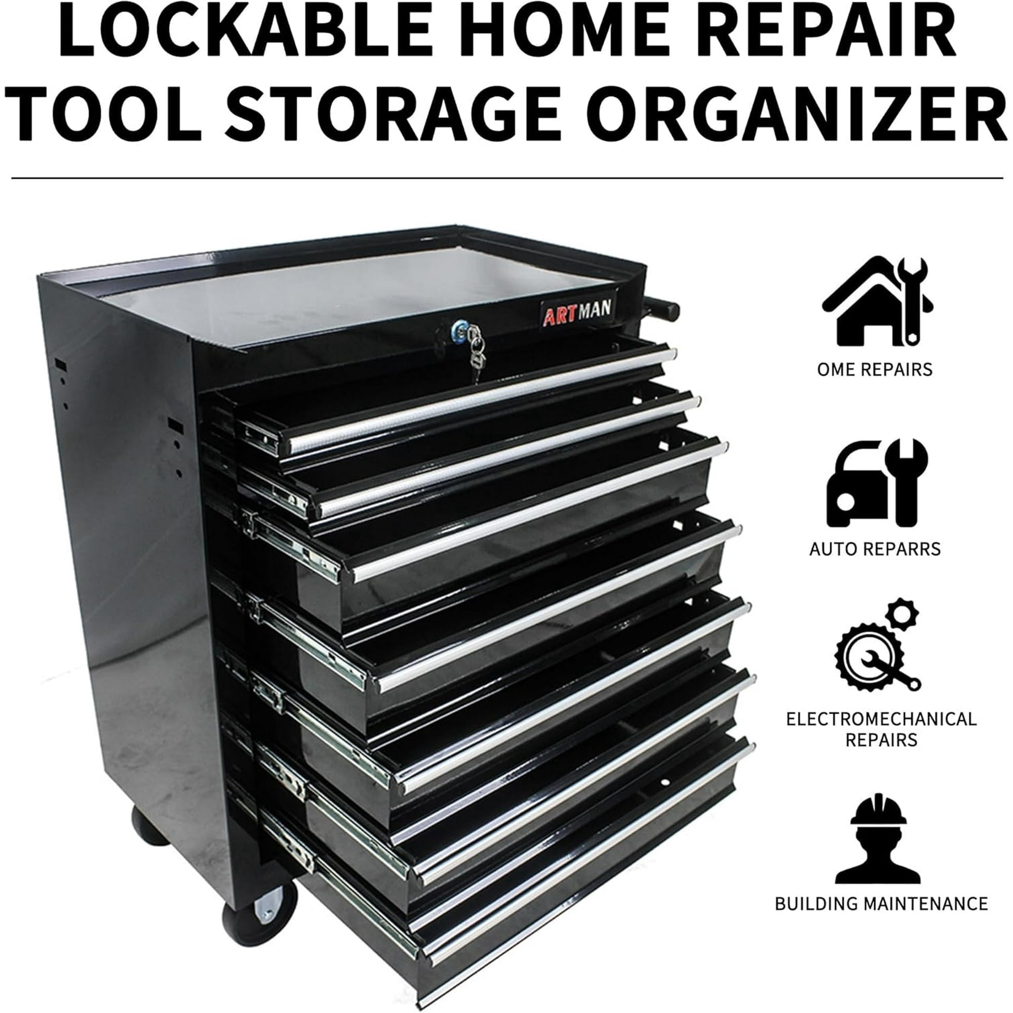 POWANLI 7-Drawer Rolling Tool Chest with Wheels Multifunctional Tool Chest Portable Tool Storage Cabinet with Locking System for Garage Workshop Warehouse Repair Shop