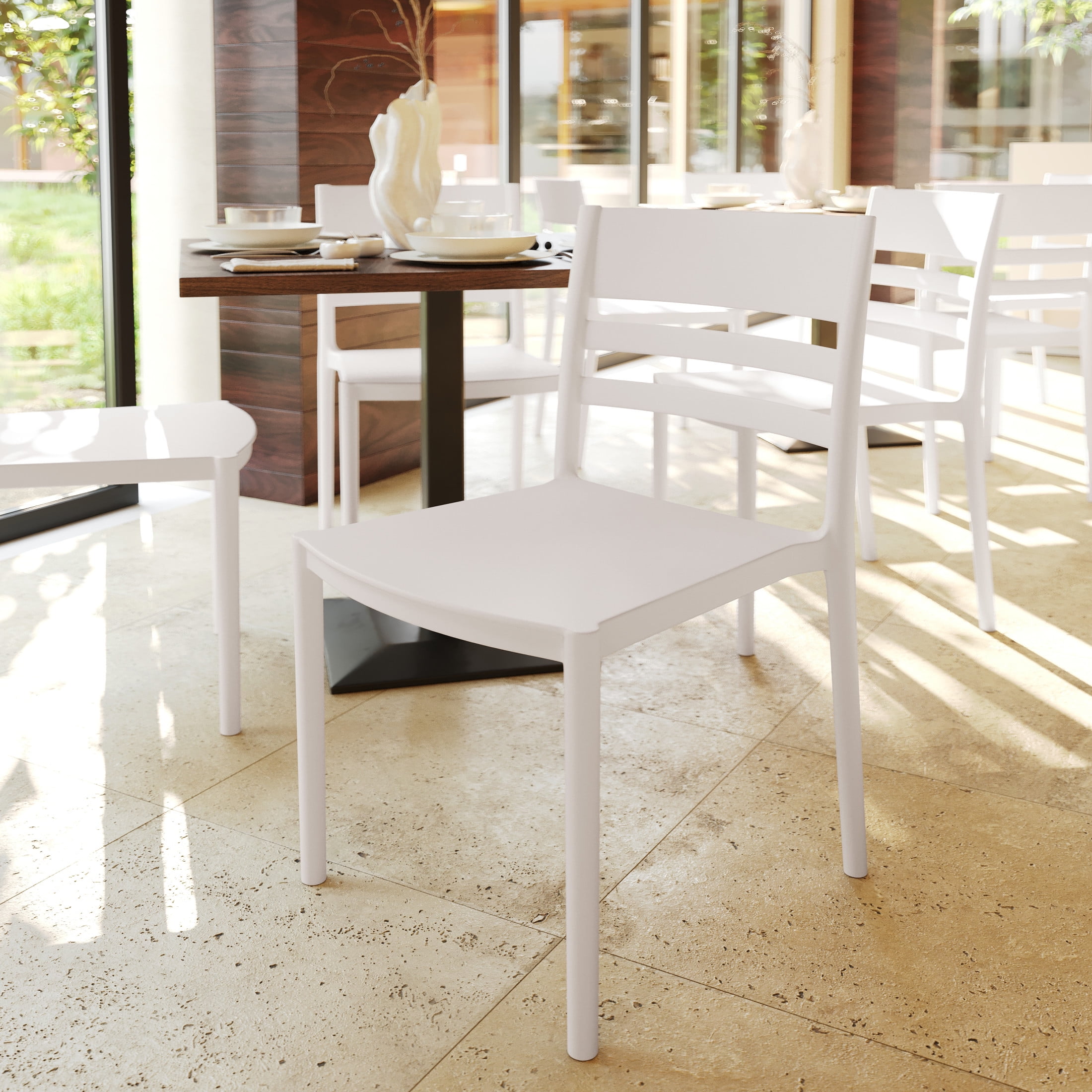 Flash Furniture Set of 4 Indoor-Outdoor Stacking Patio Chairs with Slatted Backrest, Commercial All-Weather Resin Chairs in White