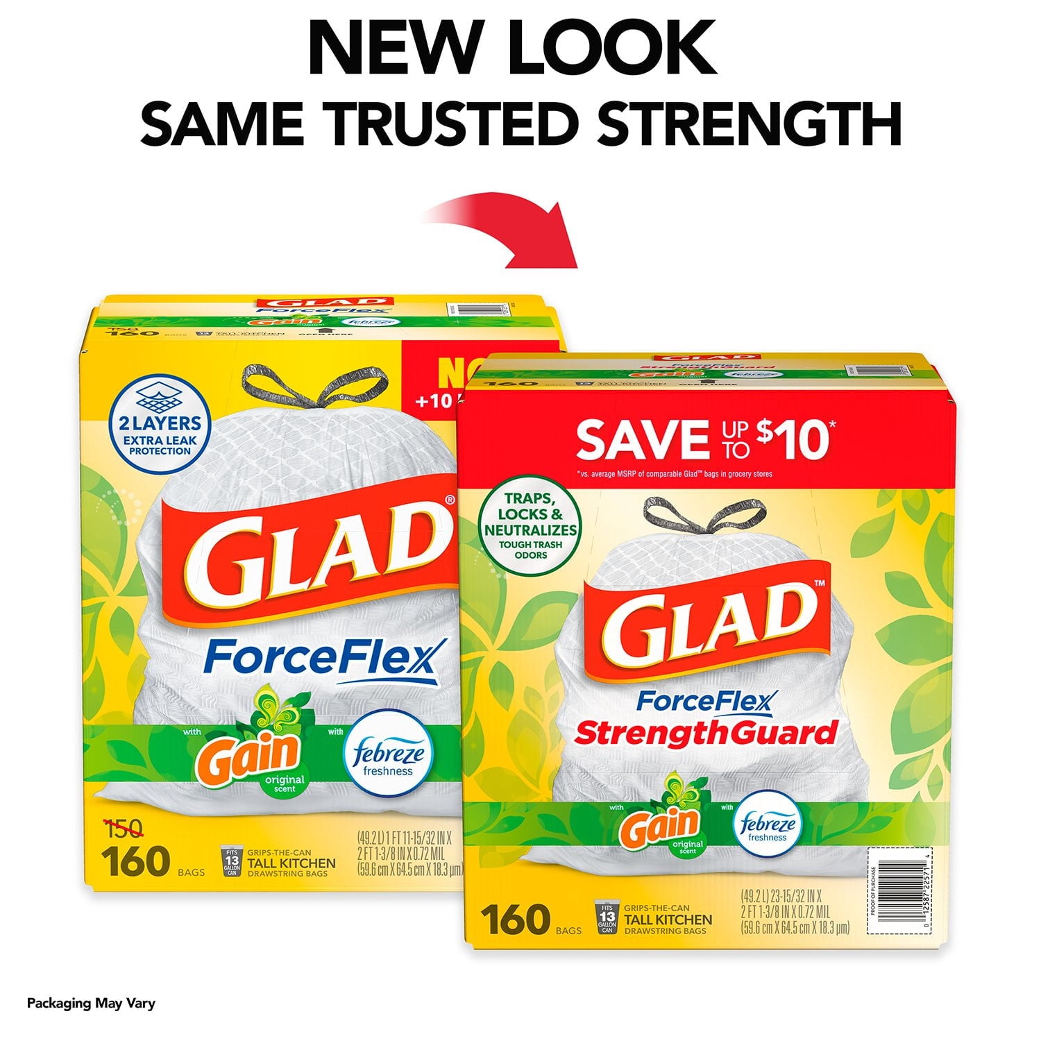 Glad ForceFlex Tall Kitchen Drawstring Trash Bags, Gain Original Scent, 13 Gal., 160 ct.