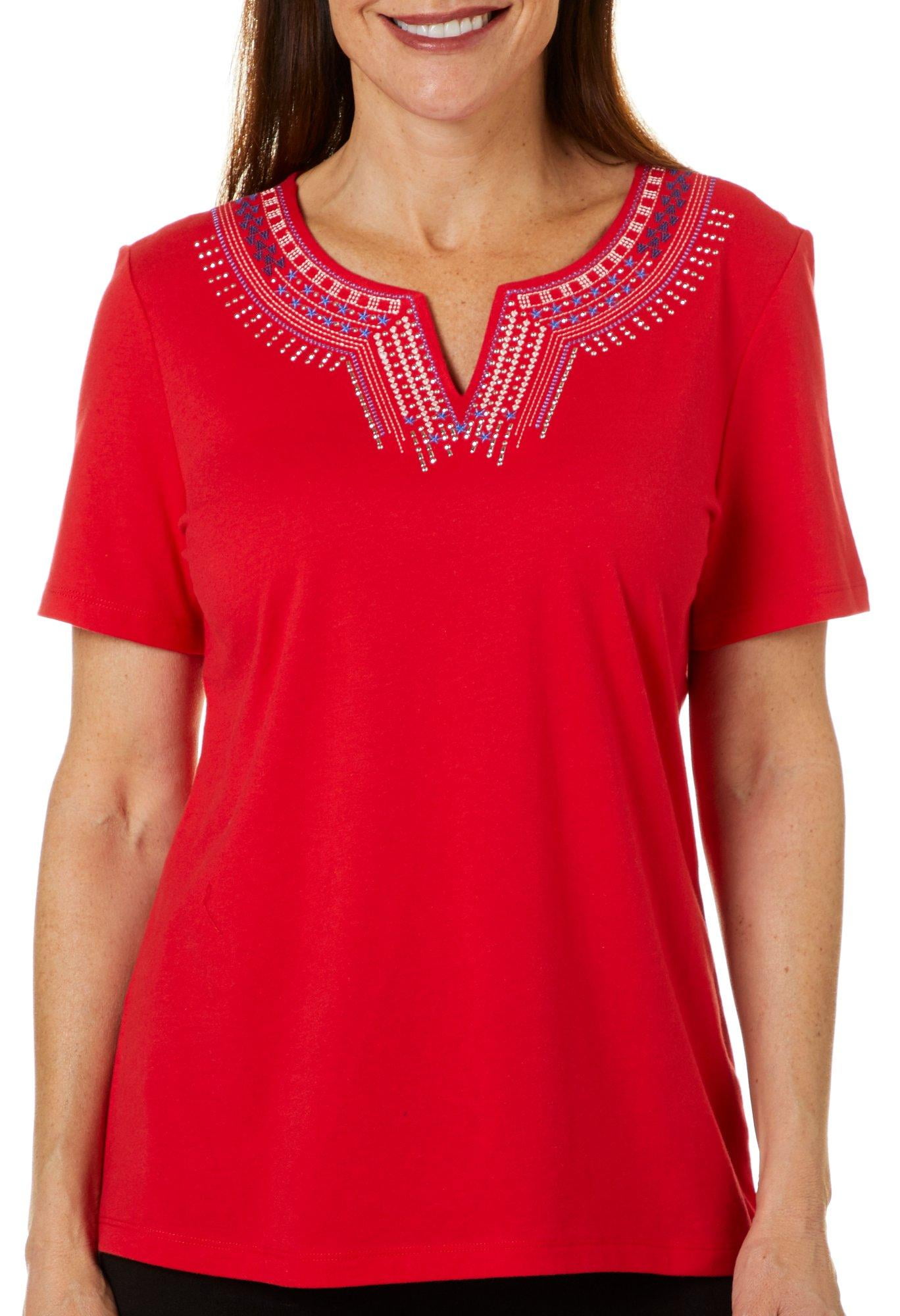 Coral Bay Coral Bay Womens Solid Americana Split Neck Short Sleeve Top