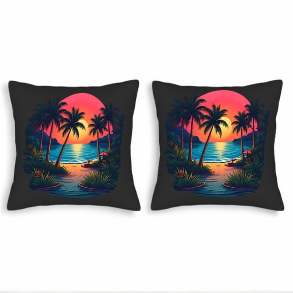 Set of 2 Tropical Sunset Throw Pillow Covers 18x18in - Vibrant Pink & Orange Beach Scene Design for Couch Bed Car Decor