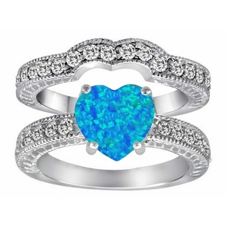 Blue Opal Wedding Set - Star K 8mm Heart Shape Created Blue Opal Wedding Set
