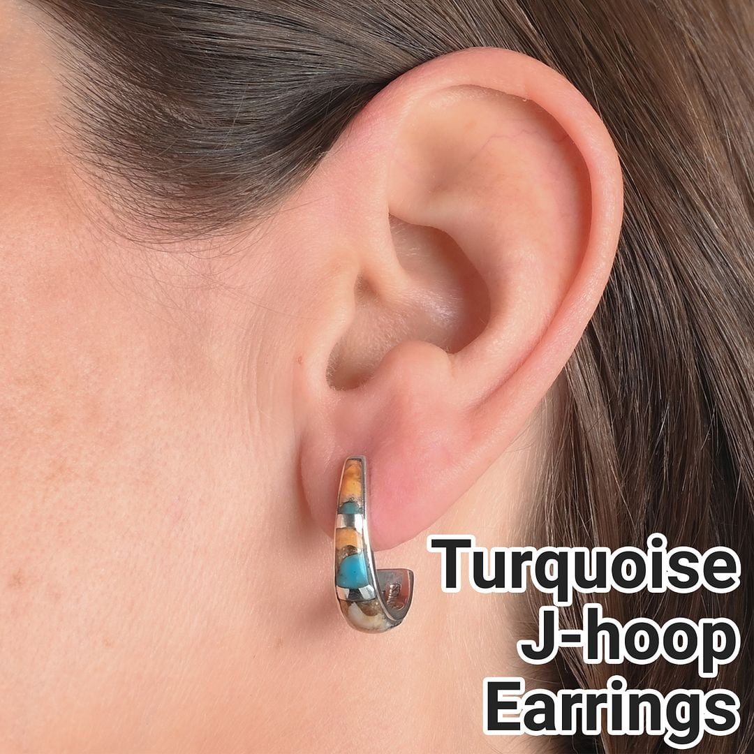 Santa Fe Style Multicolor Turquoise J-Hoop Earrings for Women 925 Sterling Silver Boho Western Jewelry  Boho Western Birthday Gifts for Women