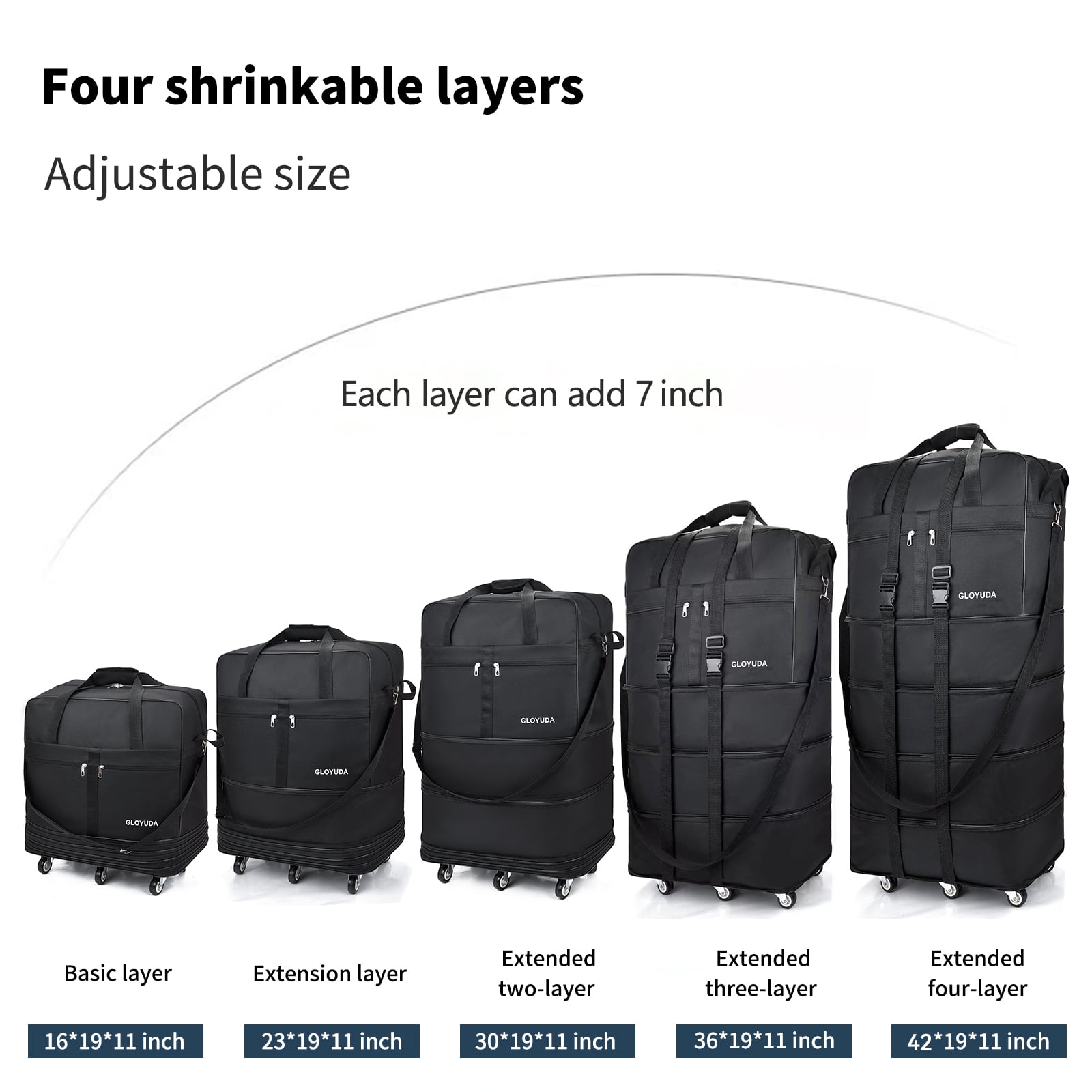 Gloyuda 42 inch Rolling Bag, Duffle Bag with Wheels, Rolling Tote Bags with Wheels, Collapsible Luggage, Travel Bag with Wheels and Handle, Roller Bag with 2 Fixing Straps and 1 Shoulder Strap