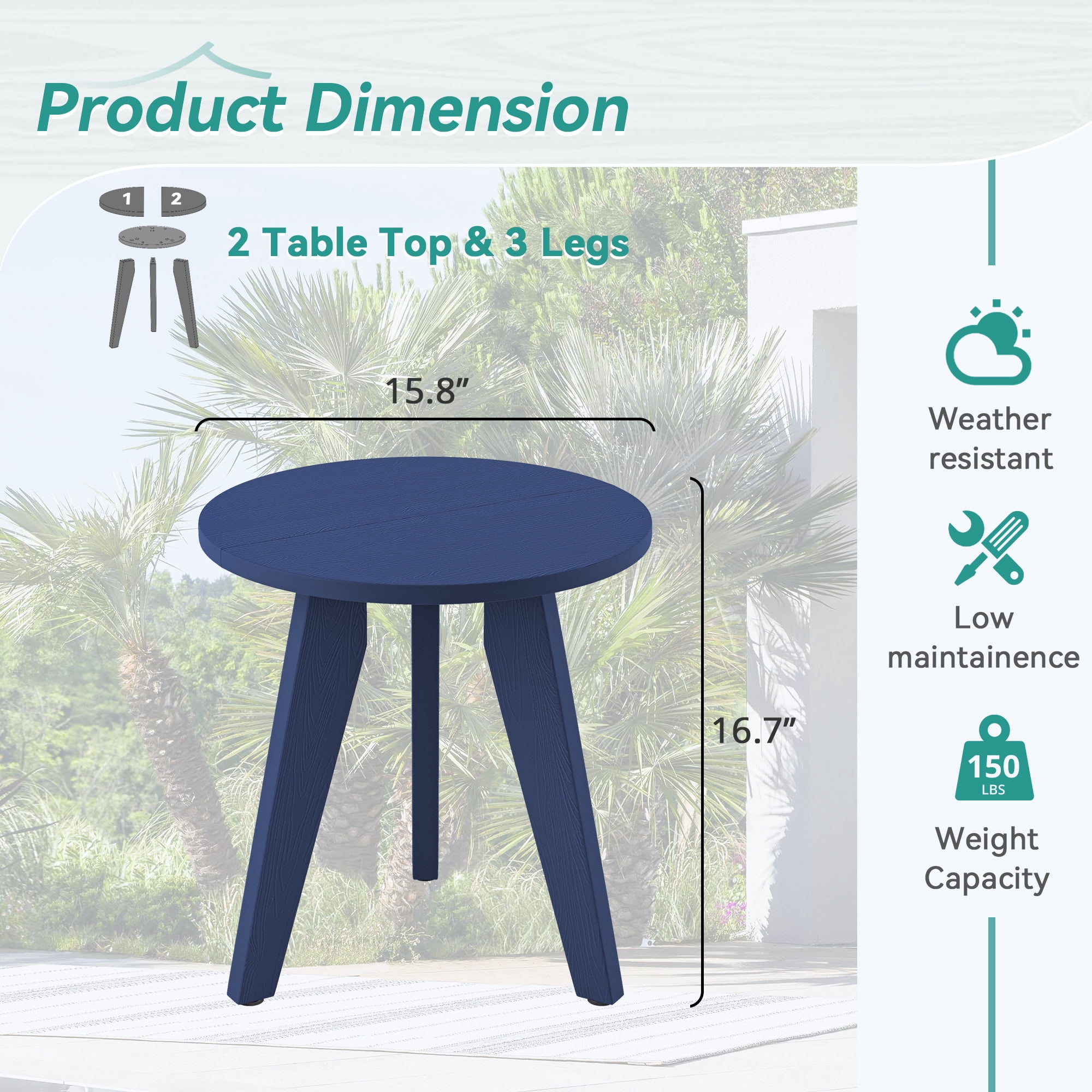Dycanpo Outdoor Side Table for Patio, Small Round End Table Weather-Resistant for Living Room, Bedroom, Navy