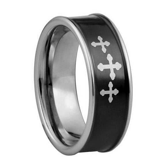 three 3 Crosses Tungsten ring with 18K black IP plating - 8mm wide - many sizes available - 10