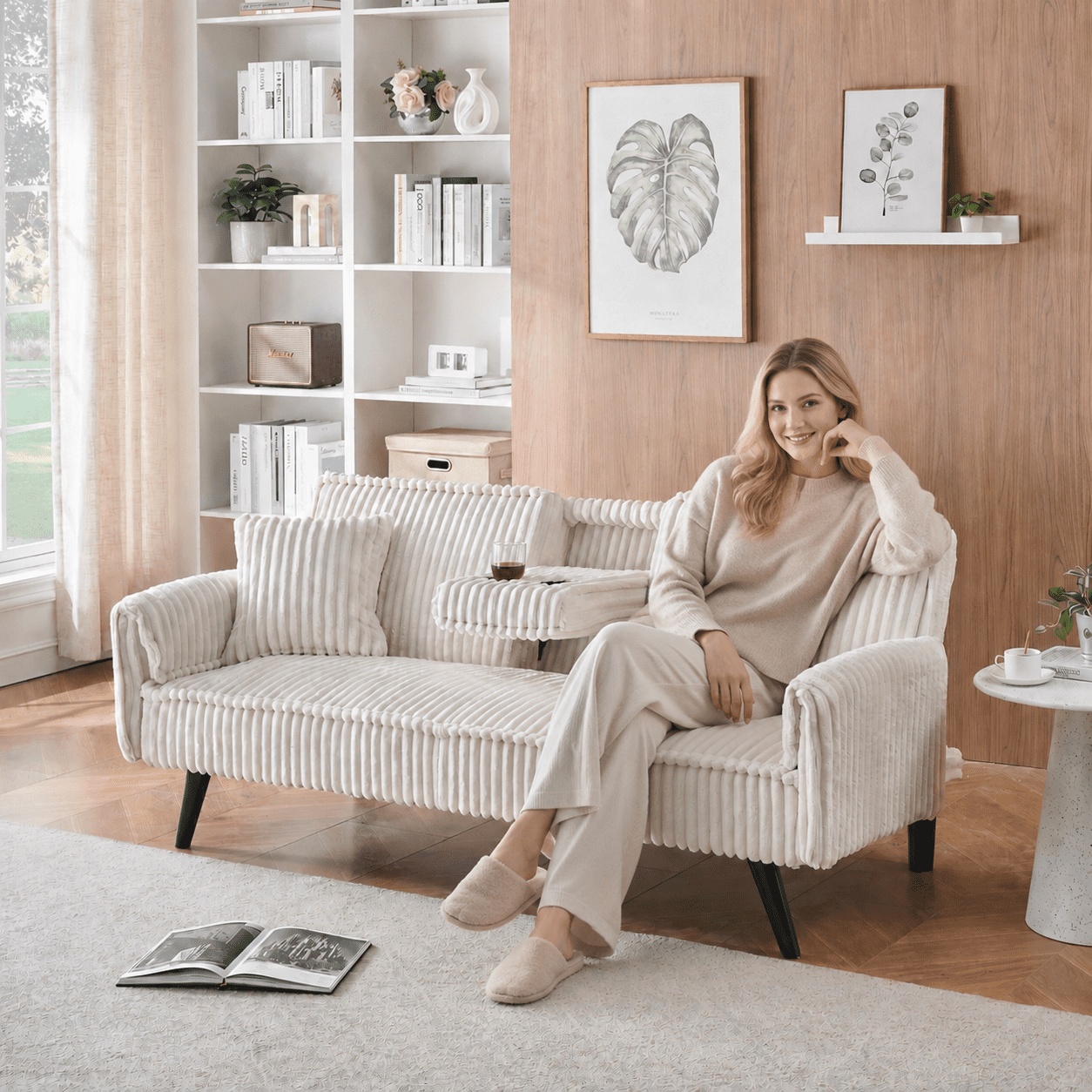 BSHTI 72" Corduroy Sofa Bed with Pull-Out Cup Holder, Adjustable Back, Straight-Line Design for Living Room（White）