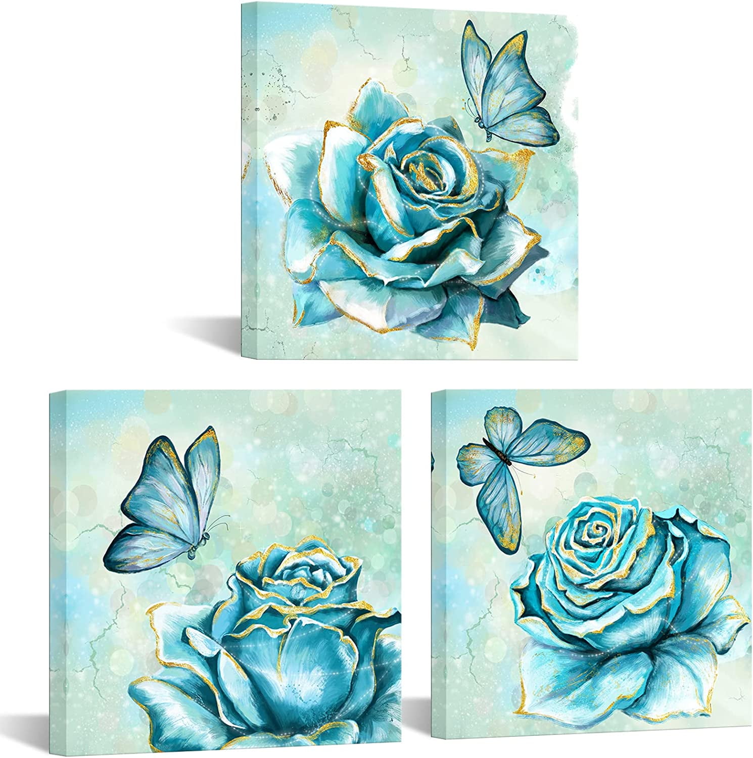 Teal Rose Canvas Print Wall Art for Bathroom Flower with Butterfly