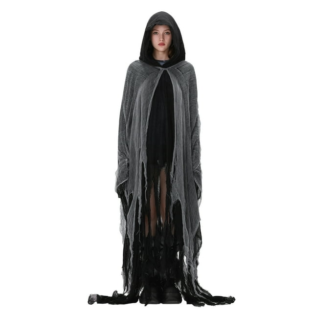 Gupgi Adult Halloween Witch Cloak Ripped Grim Reaper Hood Cape Cosplay Outfit