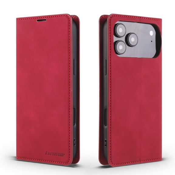 Dteck Magnetic Closure Case For iPhone 18 Pro Max, Shockproof Wallet Card Pocket Viewing Kickstand Protective Folio PU Leather Cover, Red