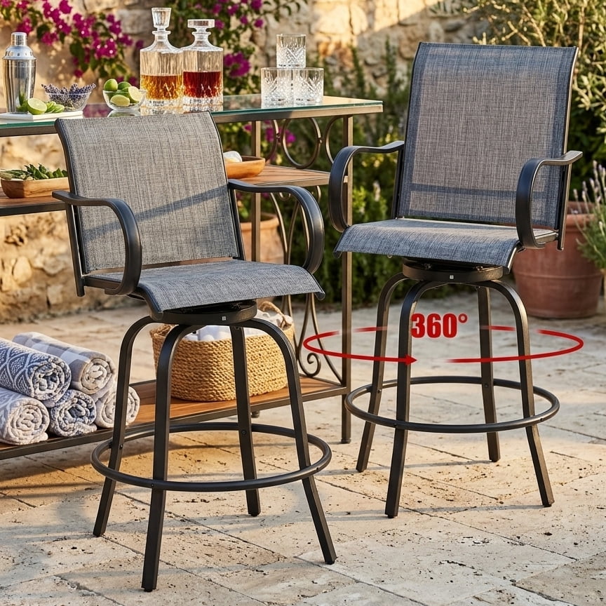 Aukfa Set of 2 Outdoor Swivel Bar Stools, 360° Patio Bar Height Chairs w/ Textilene Fabric & Footrest for Backyard/Deck,Gray