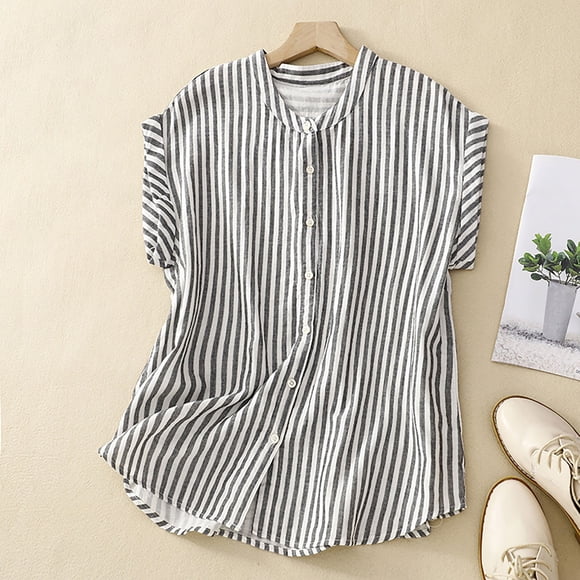 Neewe Women's Summer Button Down Striped Tank Top Crewneck Sleeveless Shirts Dressy Linen Tops