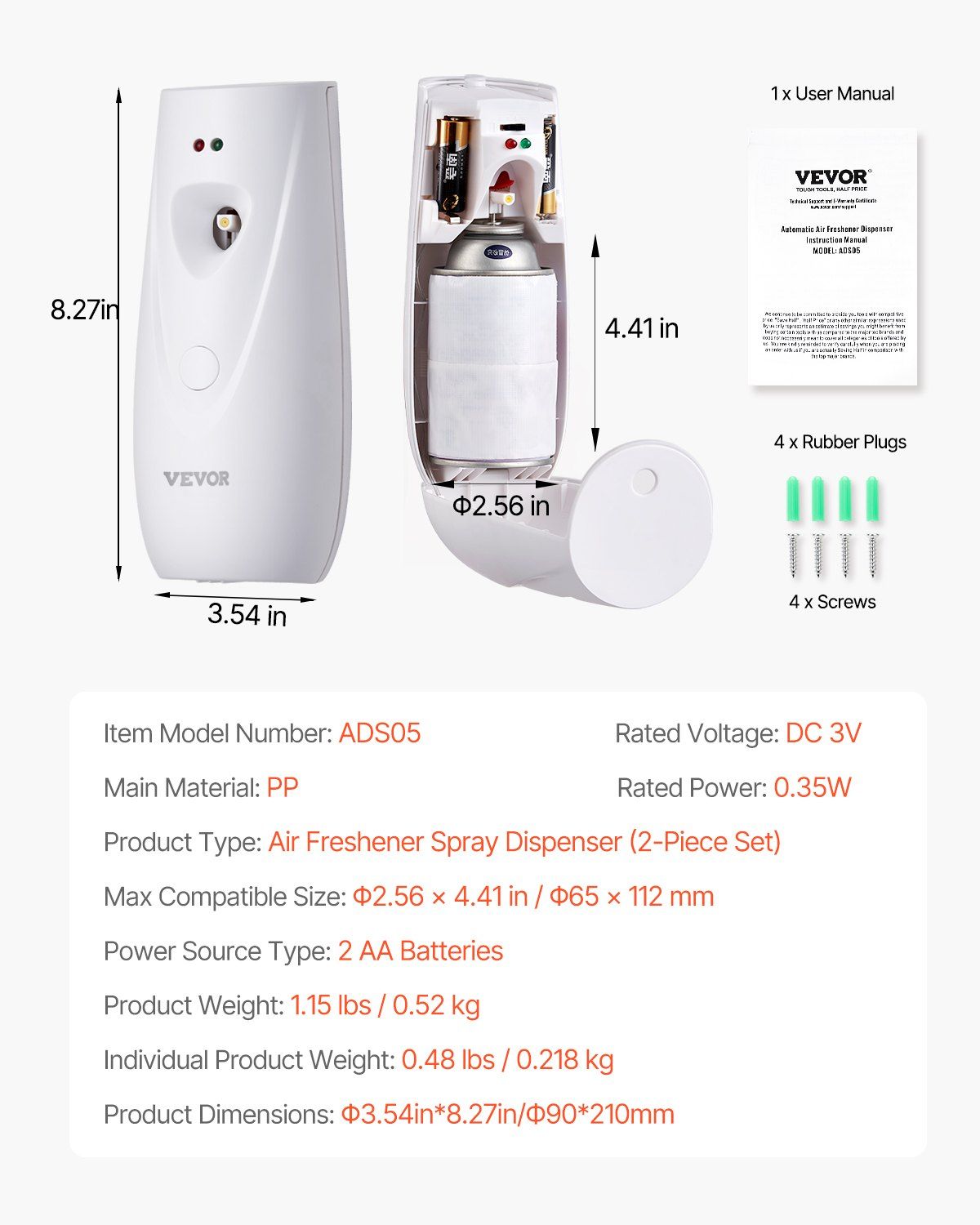 Automatic Air Freshener Spray Dispenser 2-Pack, Battery Operated with Adjustable Time Settings, Wall Mounted or Freestanding, Boost Spray Button, Compatible with Standard Fragrance Cans for Home