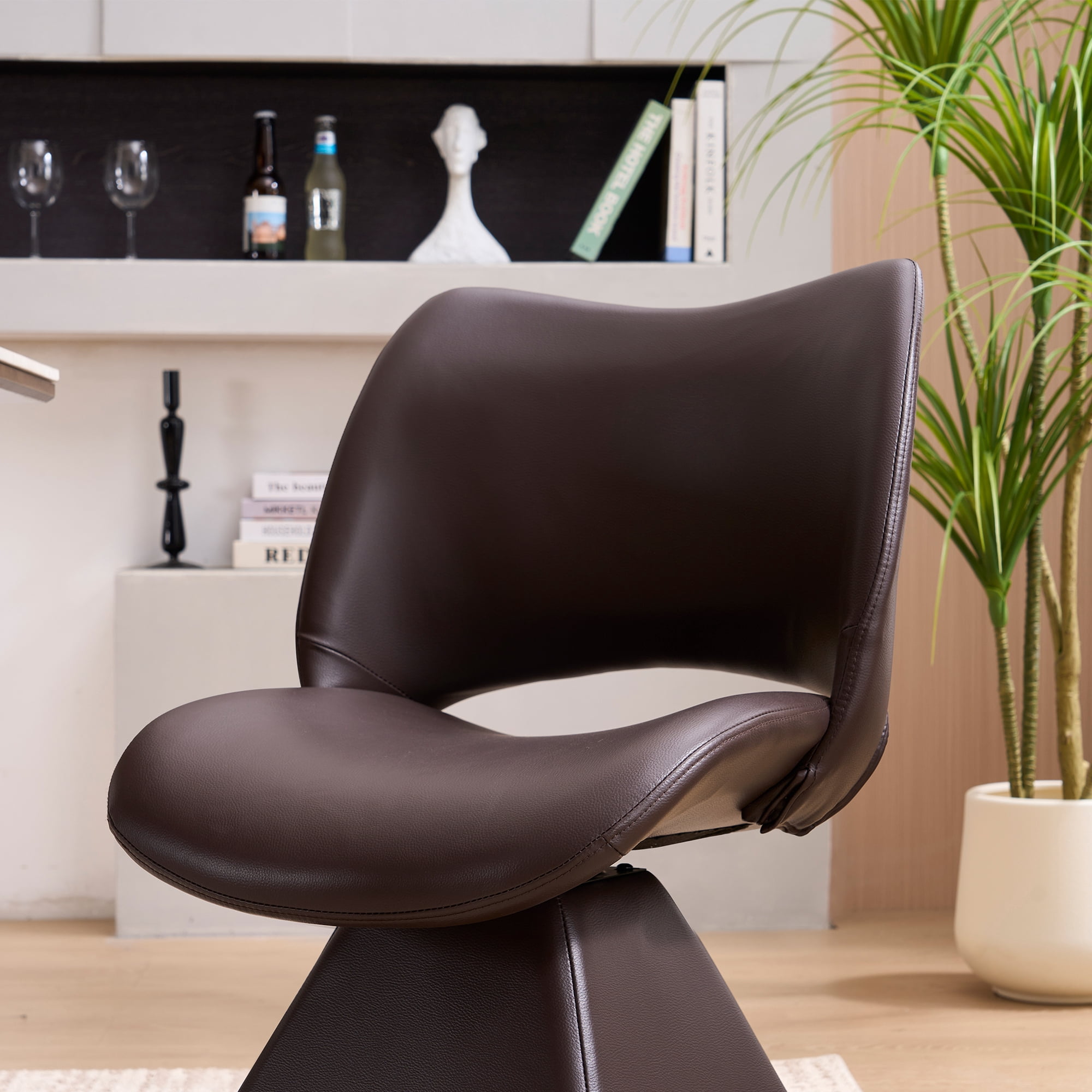 HOQBN Modern Swivel Dining Chair with Faux Leather, 360-Degree Upholstery Dining Chair with High Curved Back for Kitchen, Dining Room,Dark Brown