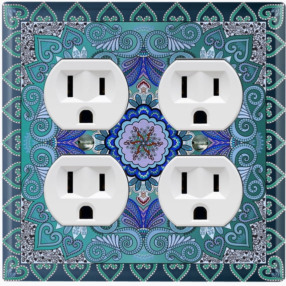 Metal Light Switch Plate Cover Elegant Teal Mandala Flower Tile Pattern TIL062