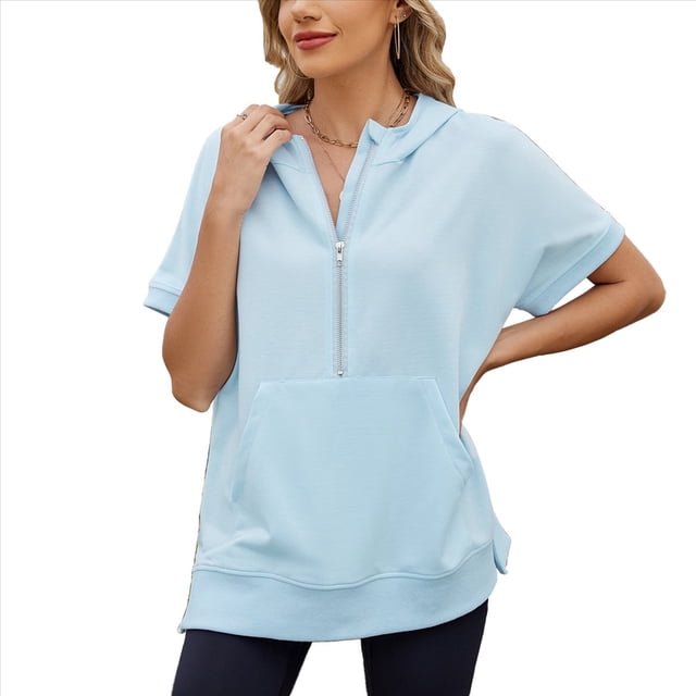 Sudadera con Capucha de Media Cremallera para Mujer, de Corta, Informal, con Bolsillos. Azul XL