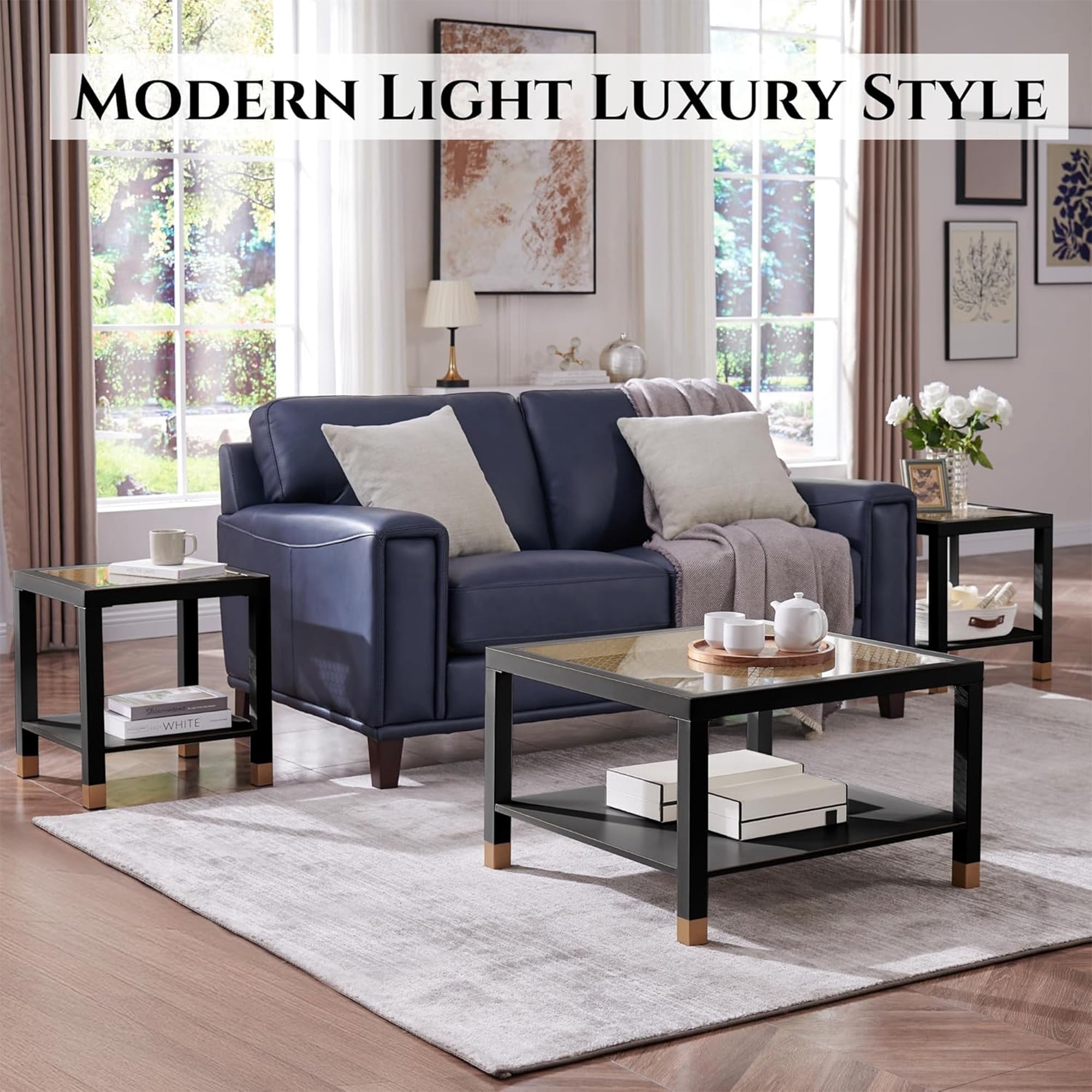 2-Tier Square Tempered Glass End Table with Golden Mesh & Metal Frame, Boho Side Nightstand for Bedroom Living Room Office
