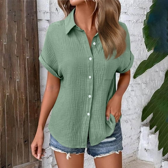 Karight Womens Gauze Shirts Button Down Dress Shirts Casual Short Sleeve Textured Collared Summer Work Blouse Camping Clothes