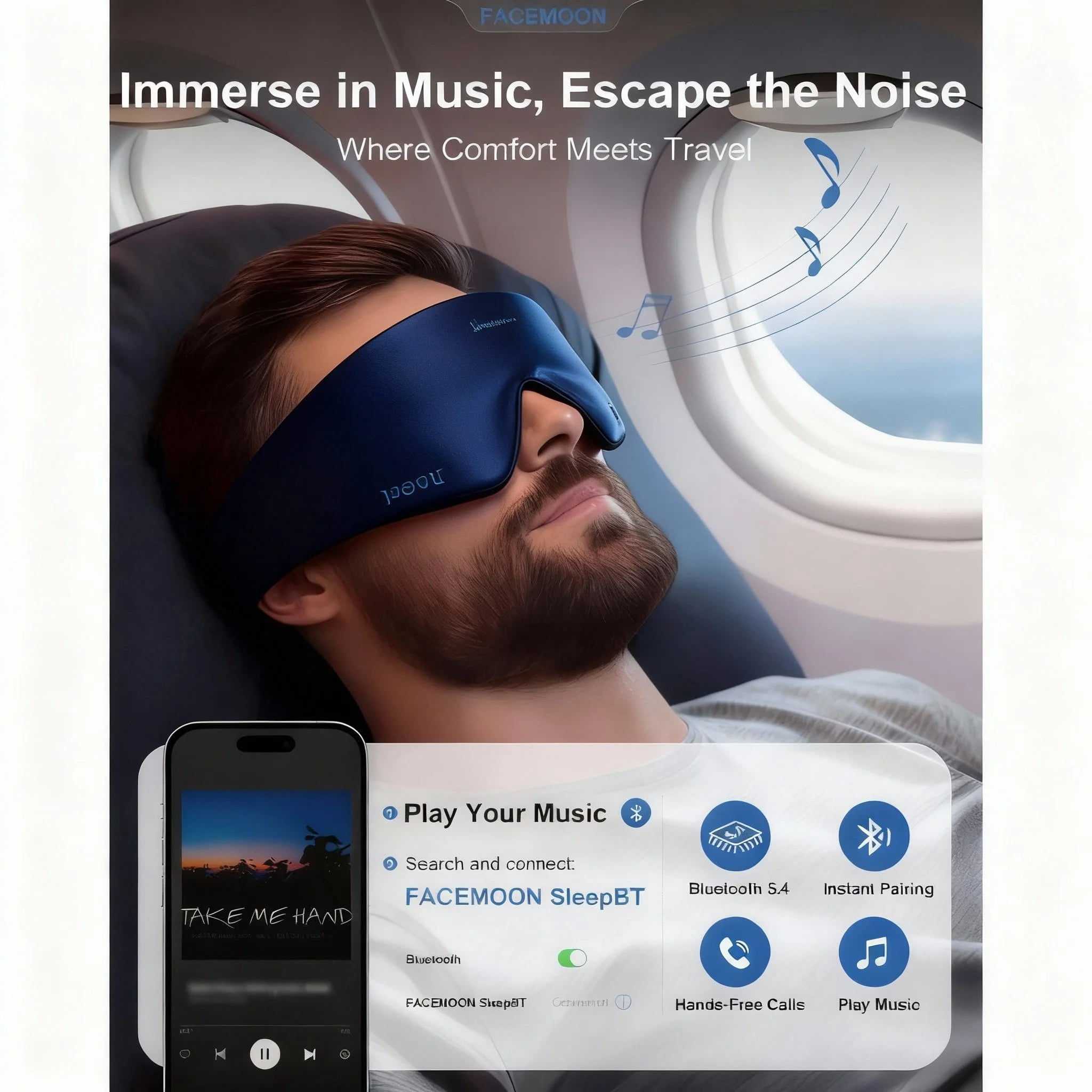 FACEMOON Wireless Bluetooth 5.0 Sleep Headphones Eye Mask Built-in Speakers Microphone for Music Travel
