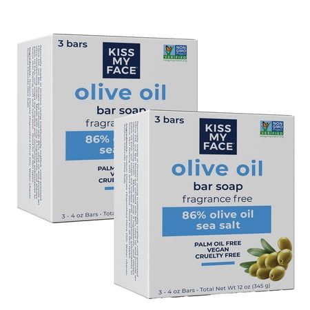 Kiss My Face Olive Oil Bar Soap, Fragrance-Free, Moisturizing Soap for Sensitive Skin, Vegan & Cruelty-Free, 86% Olive Oil, 3 Bars (4 oz each), 2 Pack