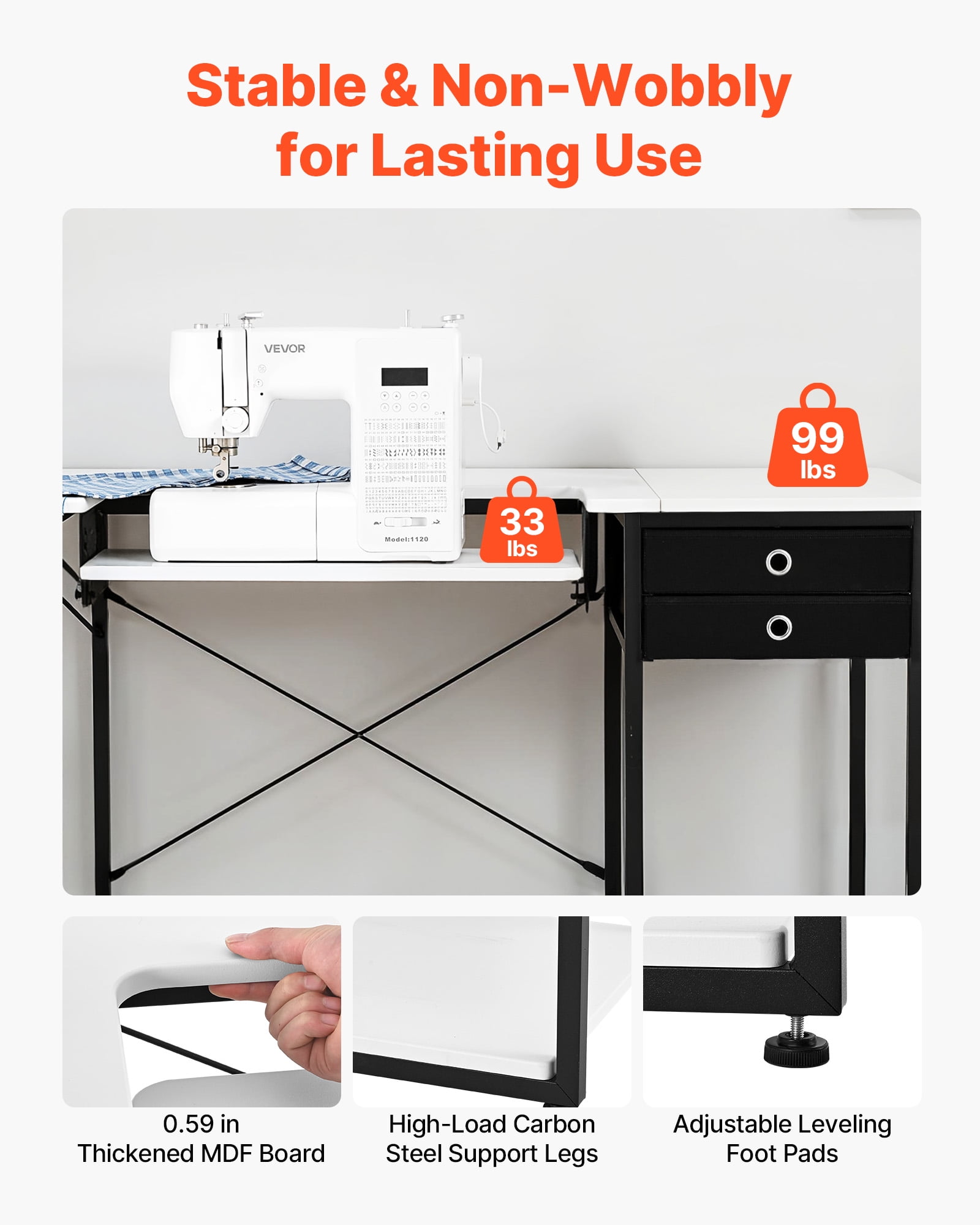VEVOR Sewing Table, Multipurpose Sewing Machine Table with Drawers, Foldable Side Shelf, Adjustable Shelf, Steel Legs, Computer Desk for Home, Fashion Studio, Art Studio, Educational Institution