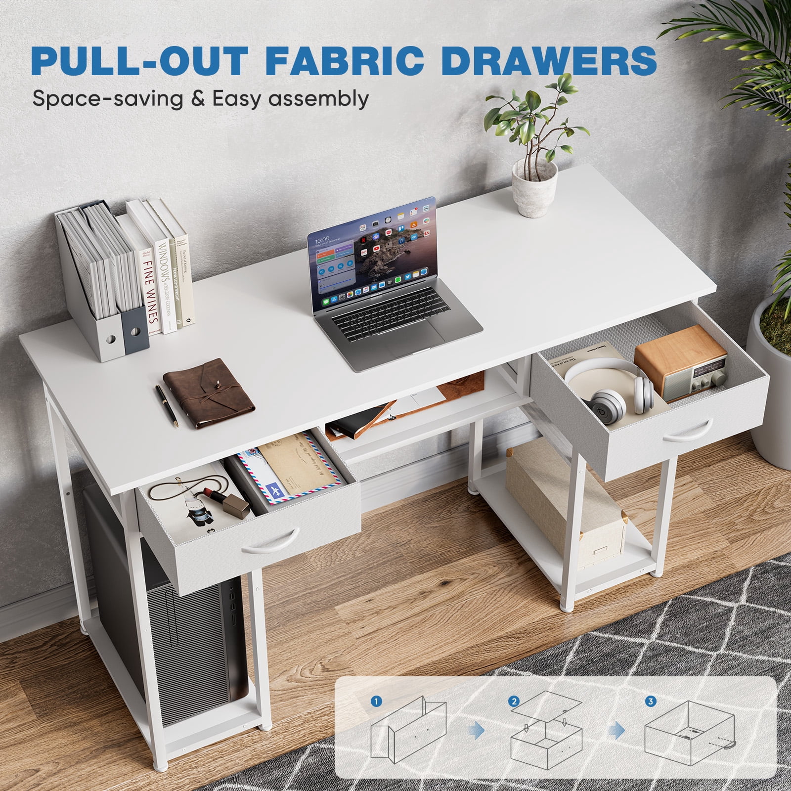 Aukfa Computer Desk with Storage Drawer, Wood Student Writing Desk for Small Space Home,White