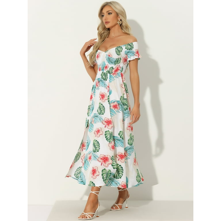 Unique Bargains Floral Dresses for Women s Off Shoulder Midi Beach Summer Dress M White