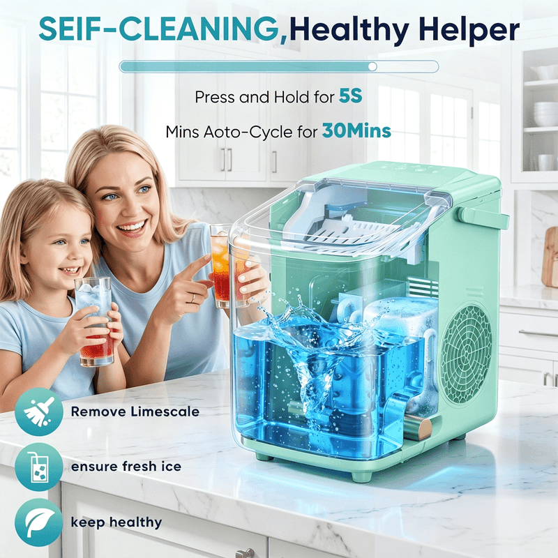 Portable Countertop Ice Maker with Handle, Self-Cleaning Bullet Ice Maker, 9 Ice Cubes Ready in 6 Minutes, 26lbs/24H, Eco-Friendly with Ice Scoop & Basket for Home, Office, Bar, Party, RV (Green)