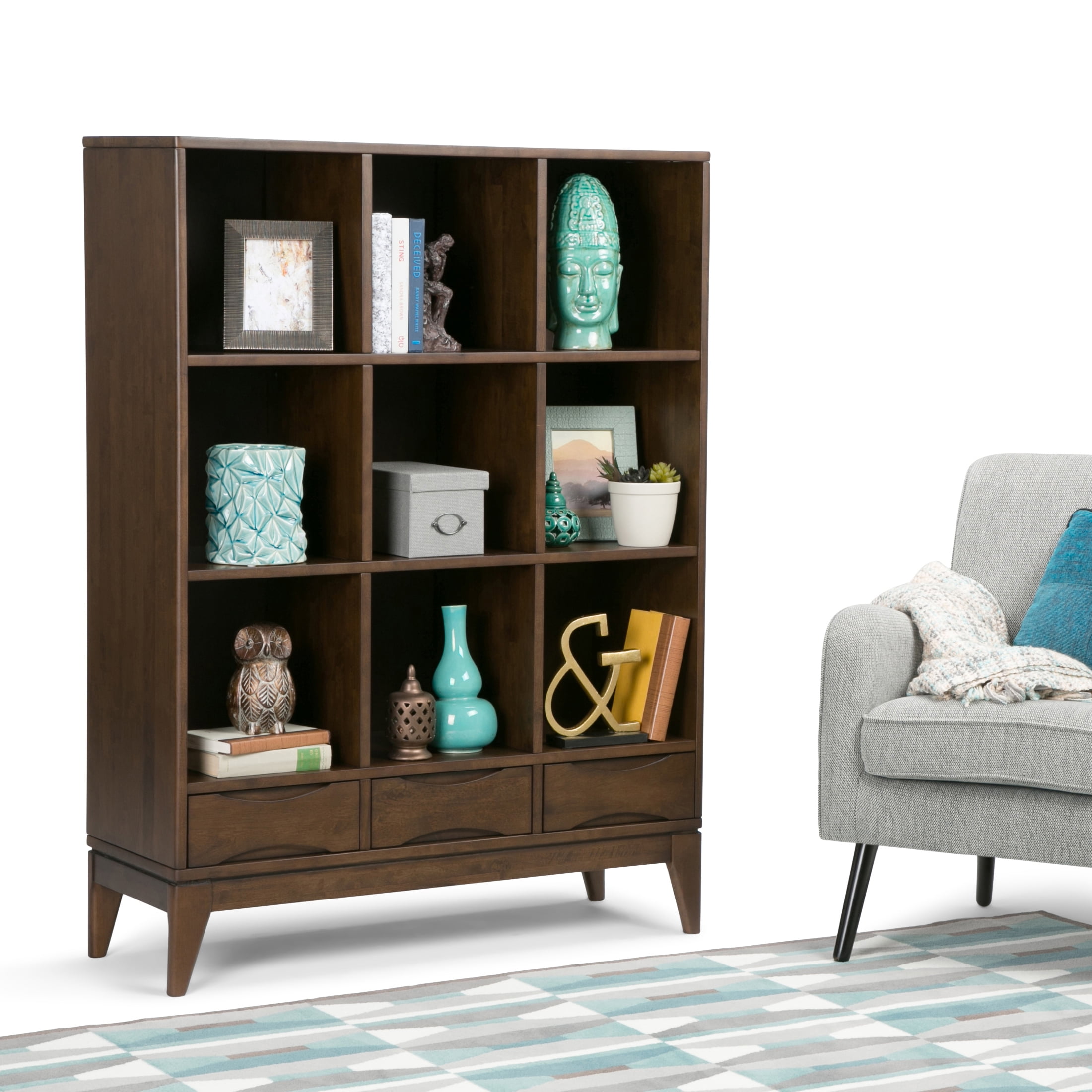 Simpli Home Harper SOLID HARDWOOD 58 inch x 42 inch Mid Century Modern Cube Storage Bookcase with Drawers in Walnut Brown