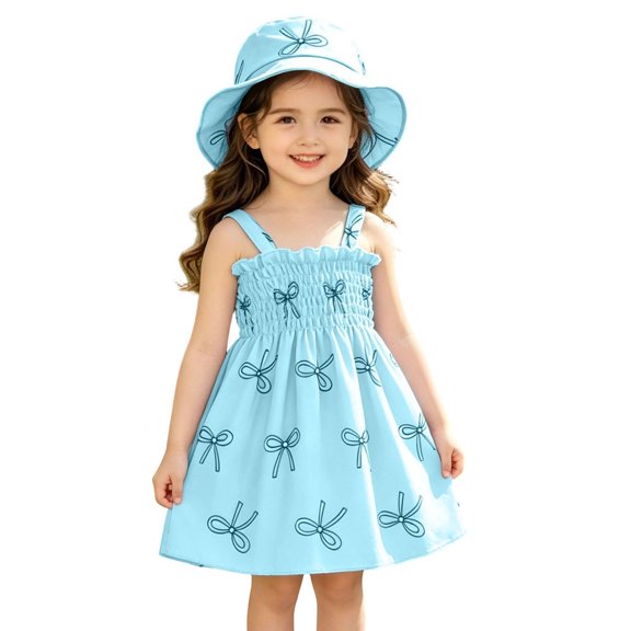 Mifsaly 2 Piece Dress Sets for Toddler Girls Cute Heart Print Smocked Sleeveless Sundress and Bucket Hat Cute Summer Beach Vacation Casual Matching Outfits