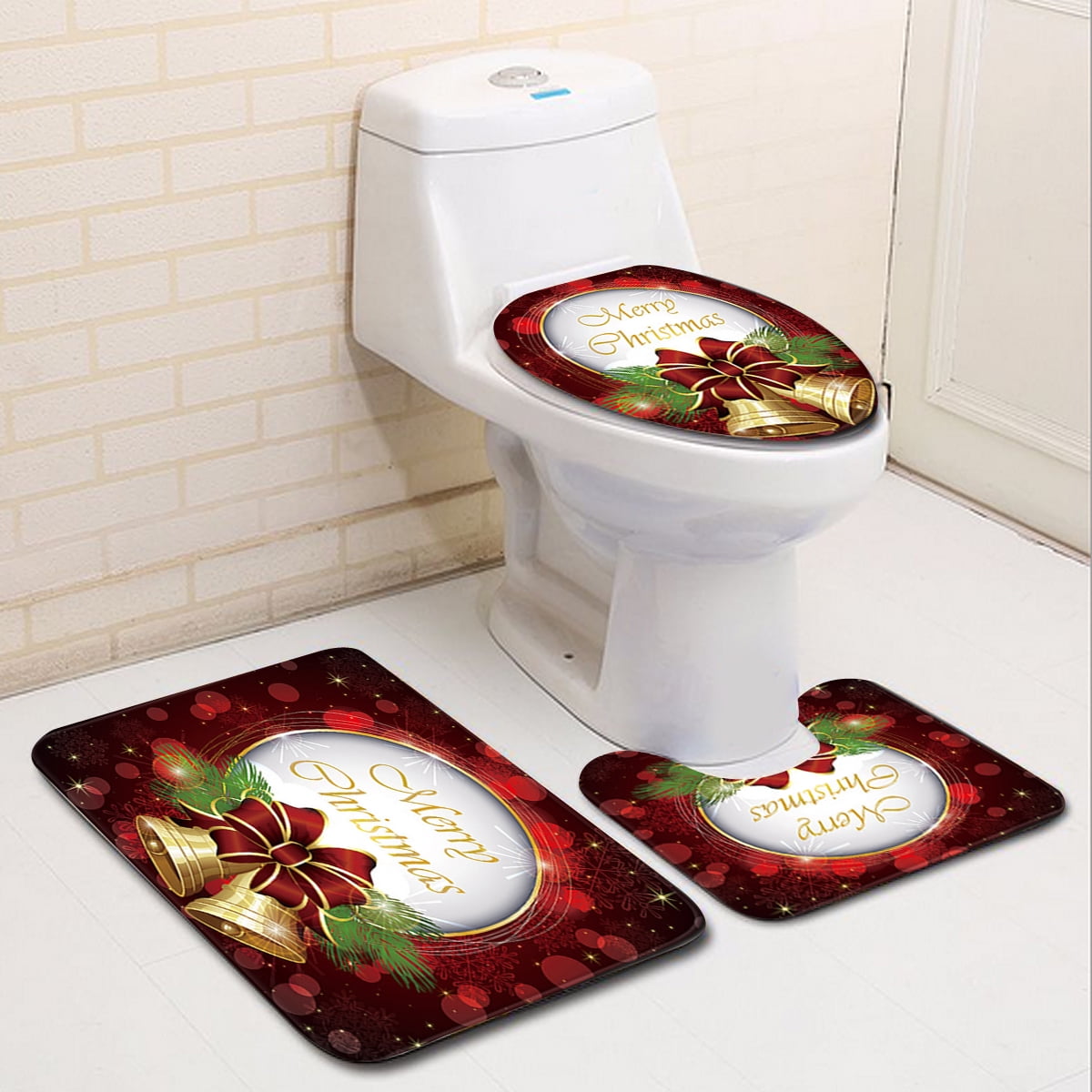 3PCS Set Merry Christmas Bathroom Rugs Bath Mat Non-Slip Toilet Lid Cover Decor