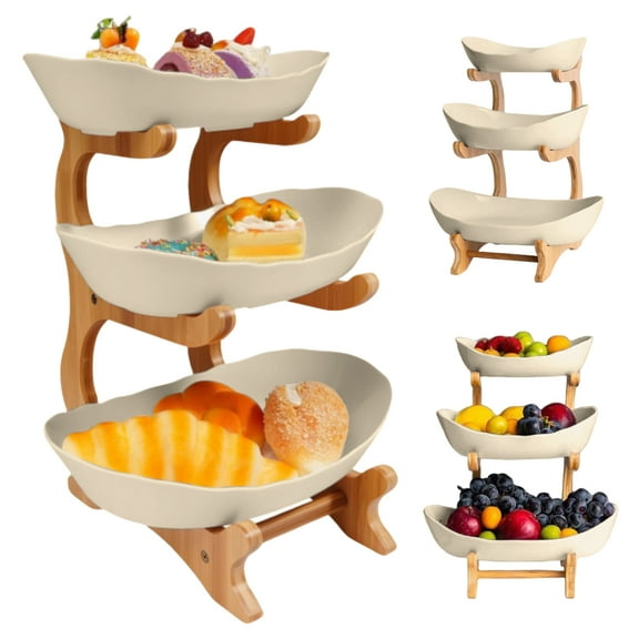 Amazing OUYI Three-Layer Ceramic Fruit Tray   Bamboo-Wood Stand - Super Aesthetic and Practical (Porcelain)
