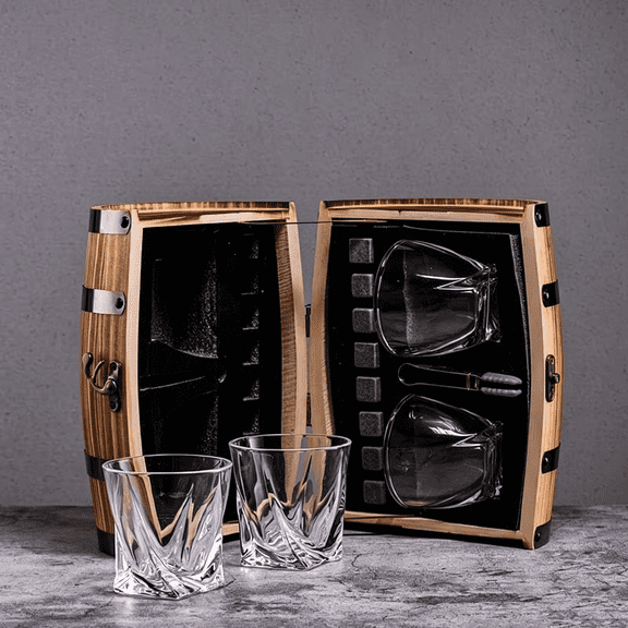 Whiskey Glass Gift Set with Rustic Wooden Barrel, 2 Glasses, 6 Granite Chilling Stones and Tongs, Ideal Gift for Scotch & Bourbon Lovers