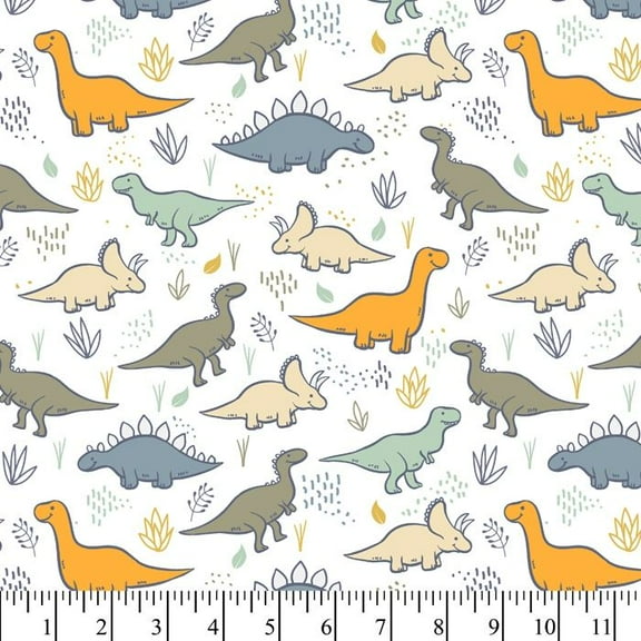 Micro Plush Dino Land Print David Textiles Baby Dinosaurs Animals Kids Children's White Butter Soft Mink-Like Feel Midweight Digital Fabric Print by the Yard (DT-6277-MF-1WHITE/SLATE/MINT)