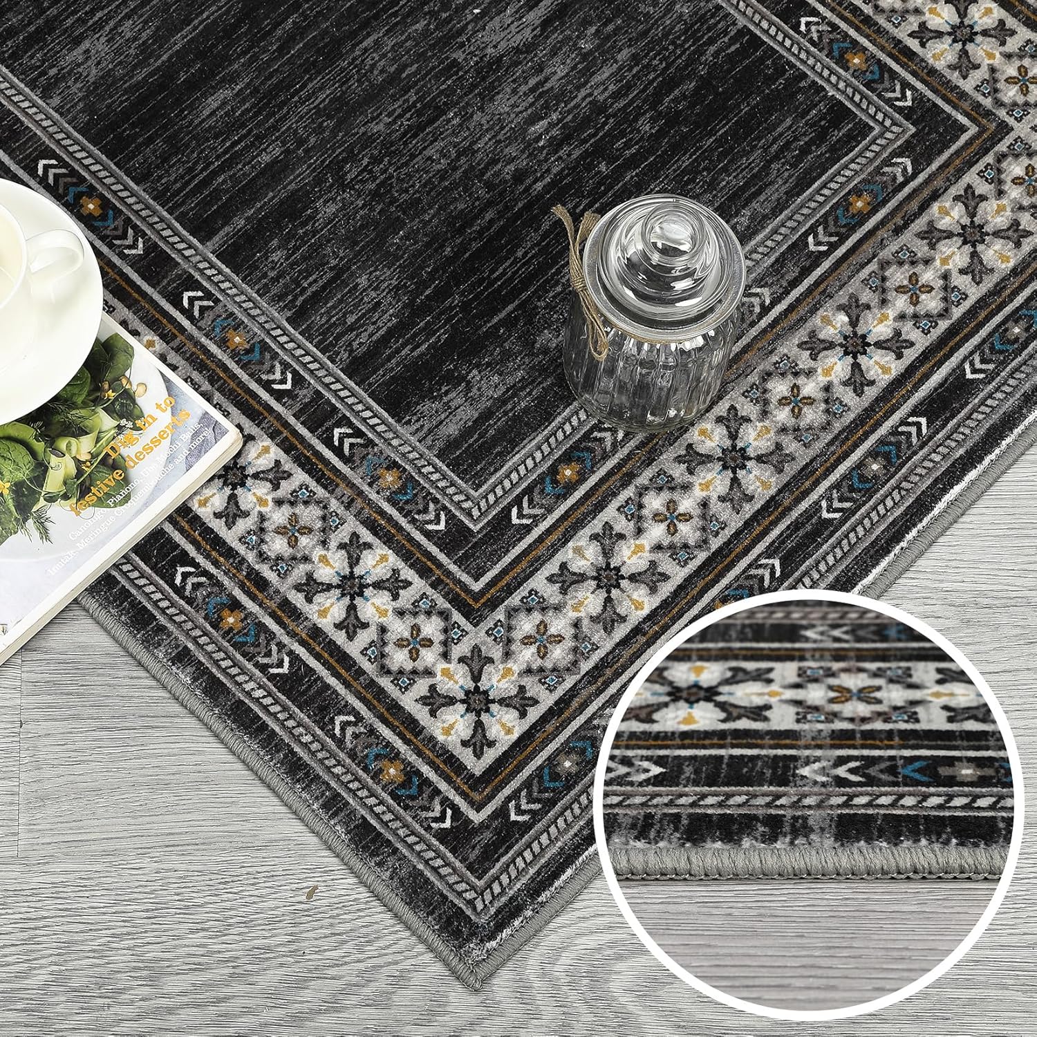 Memoryfield 9'x12' Area Rug, Modern Bordered Washable Rugs Soft Foldable Accent Rugs for Indoor Living Room Bedroom, Black