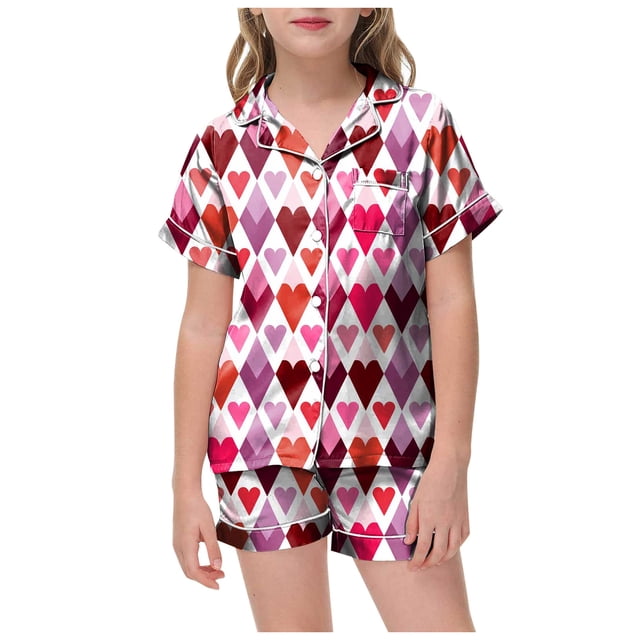 Zshosam Tween Pajamas Set Girls Satin Pajamas Set Button Down 2 Piece Silk Pjs Shorts Set Ruffle Sleepwear Size 1T 2T,(Pink 1-2 Years)