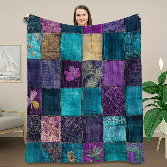 Vintage Floral Patchwork Flannel Throw Blanket - Colorful Teal, Purple, Golden & White Quilted Design, Cozy & Stylish for Sofa, Bed, Office, Car, Camping, All-Season Gift, Travel Accessory | Deco
