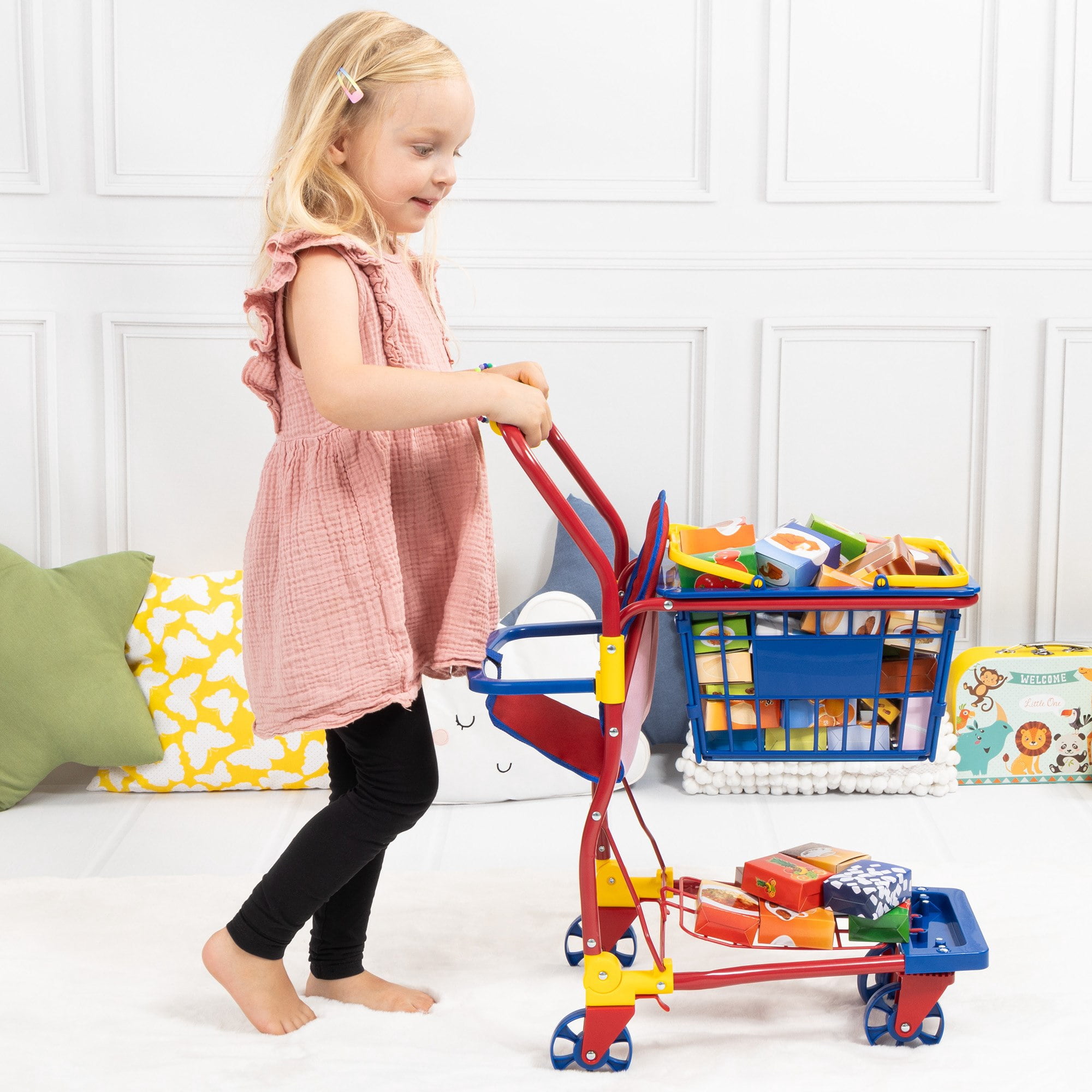 Bayer Design Dolls: Shopping Cart & Accessories - 61pcs - Blue, Red, Yellow - Doll Seat,  Boxed Food Accessories, Removable Basket, Kids Toy, Ages 3+