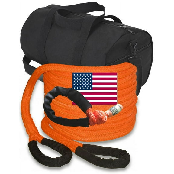U.S. made 1 inch X 30 ft "Safety Orange" Safe-T-Line® Kinetic Snatch Rope with Soft Shackle (single) & Heavy-Duty Carry Bag - 4X4 VEHICLE RECOVERY)