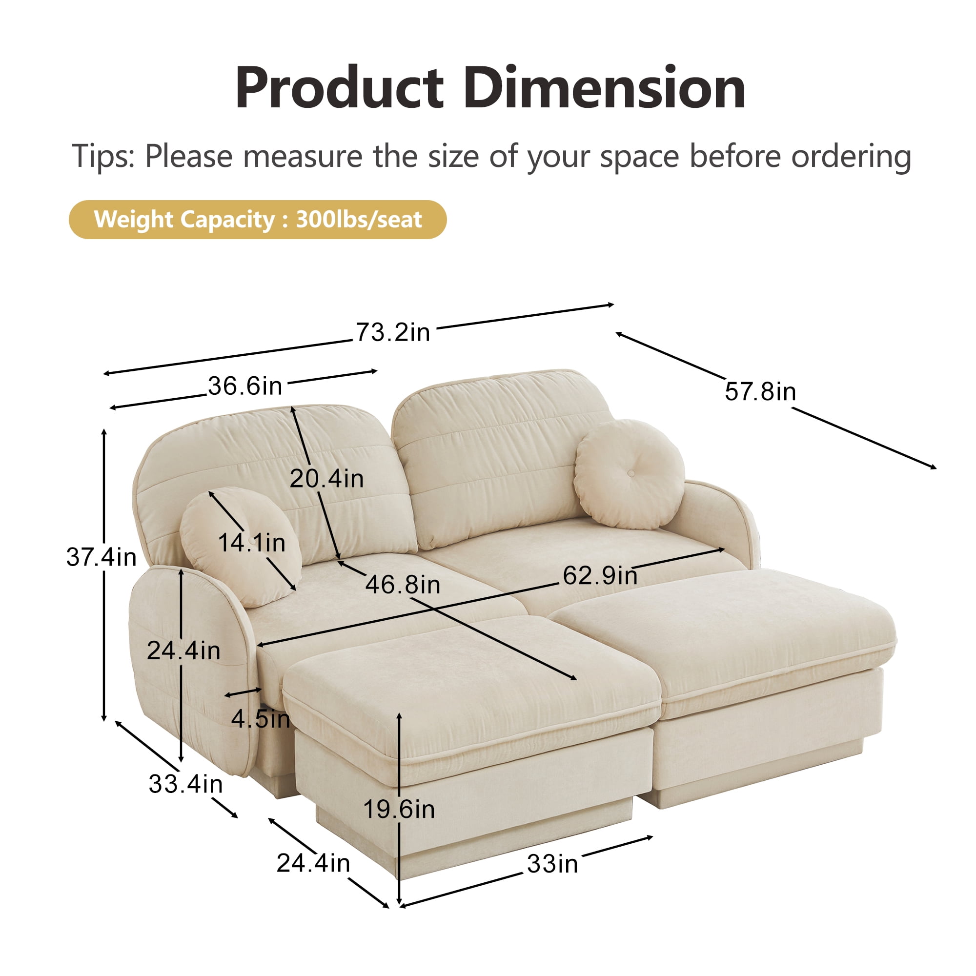 Mintazer Chenille Cloud Loveseat Sofa with 2 Movable Ottoman and Round Pillows, U-Shaped Ergonomic Sofa Couch for Living Room, Bedroom, Cream