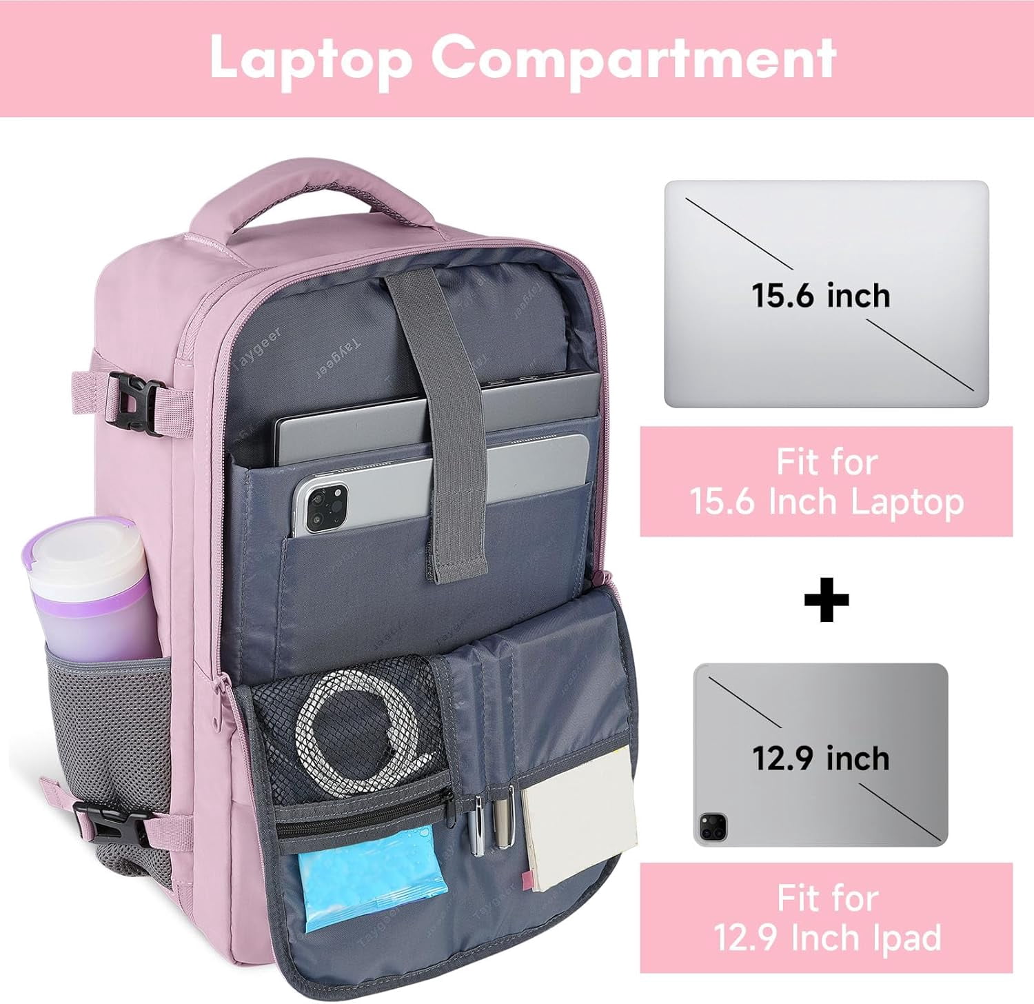 Taygeer Women Cream Pink Green Travel Backpack Carry On 15.6inch Laptop Backpack Taygeer Travel Backpack For Women Carry On Backpack With  main image 3