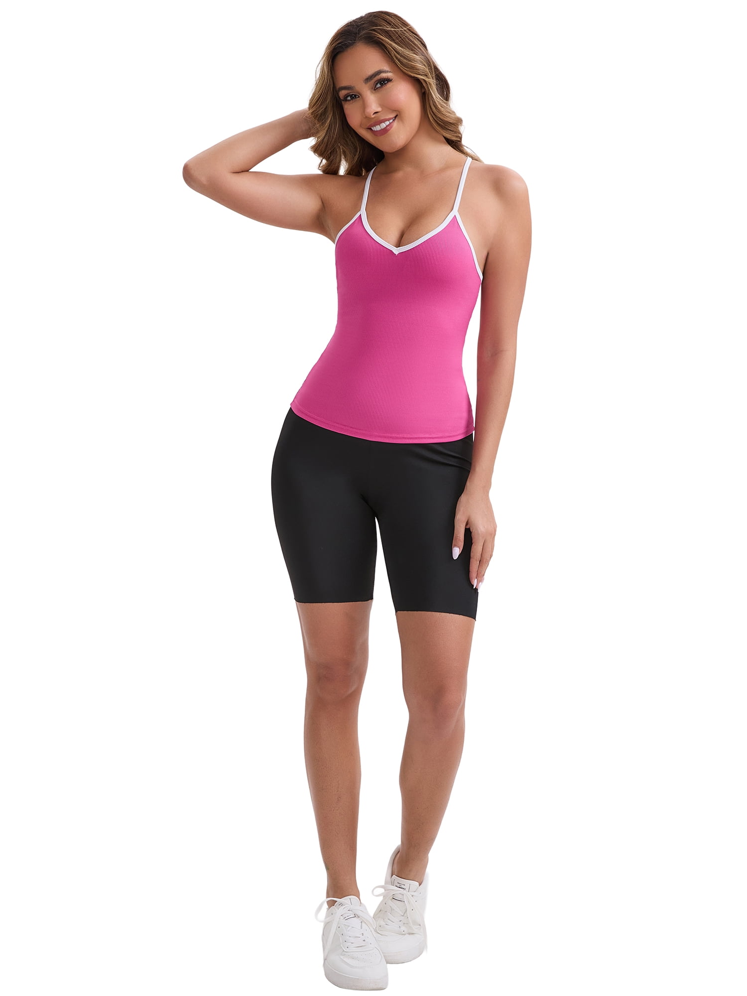 DARING DIVA Women's Colorblock Ice Silk Spaghetti Straps V Neck Tank Top S Rose Red