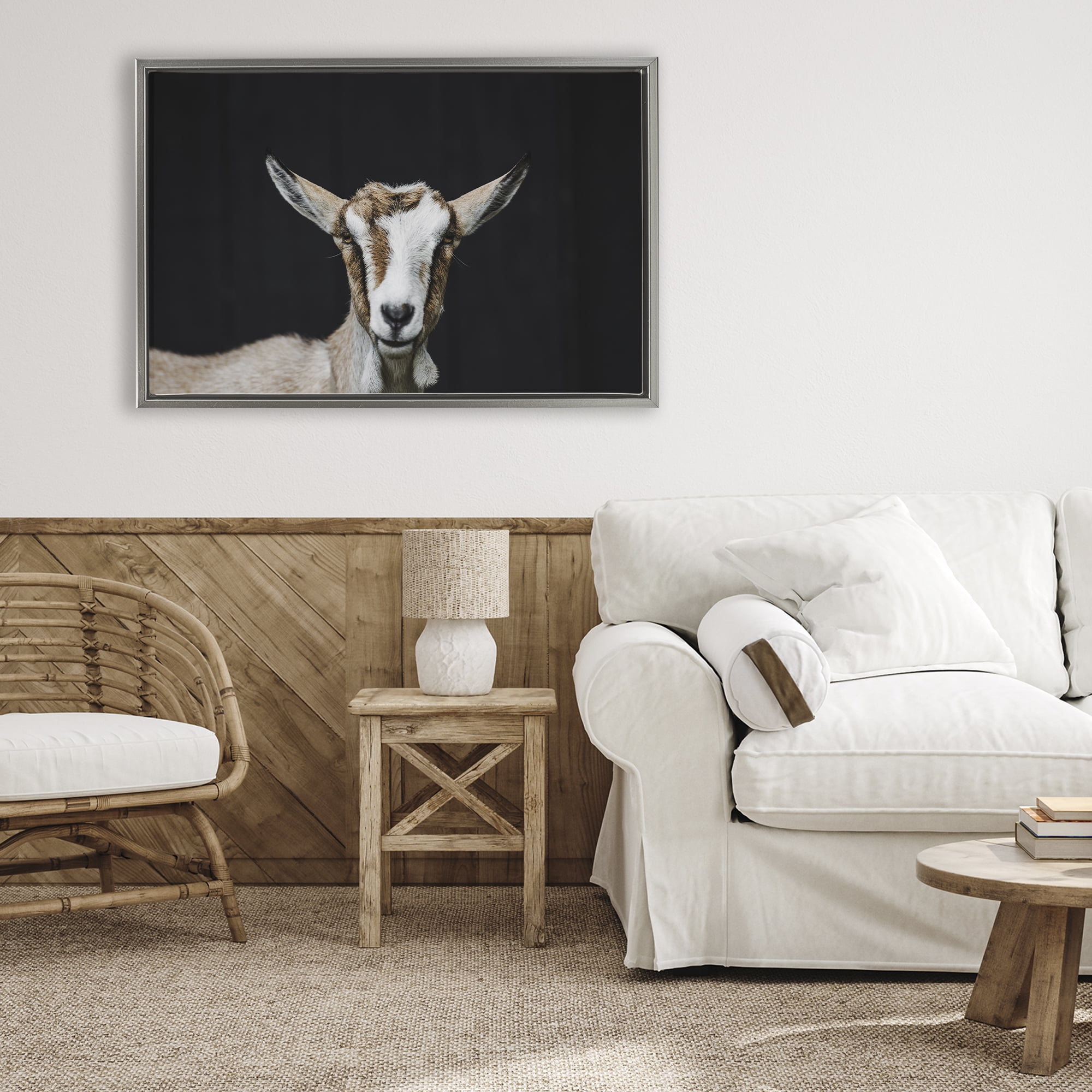 Goat Face over Black Gray Framed Floater Canvas Wall Art, design by Amy Carroll