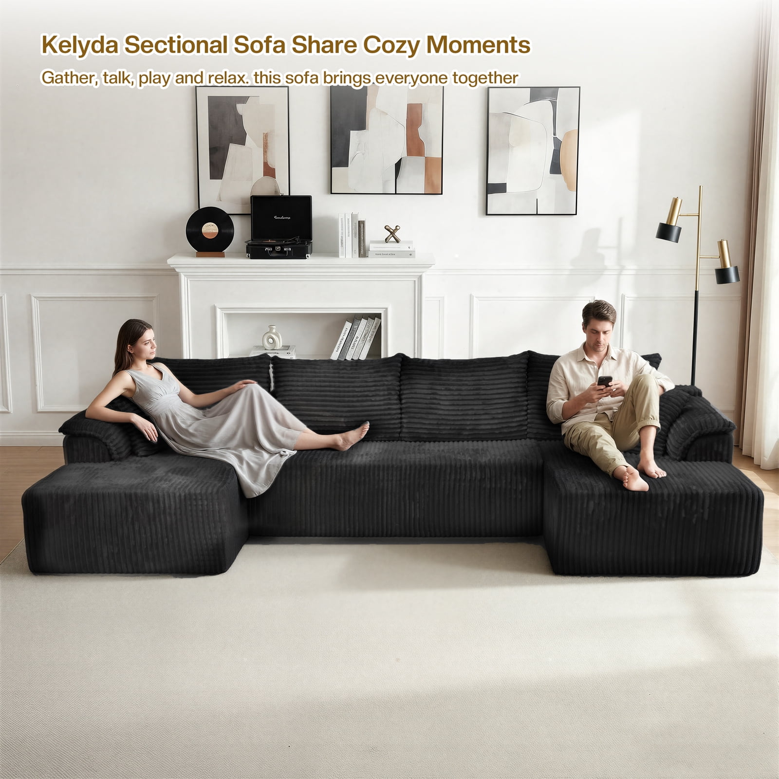 Kelyda 130'' Boneless Sectional Couch, Modern Faux Fur U Shaped Modular Cloud for Living Room Dark Grey