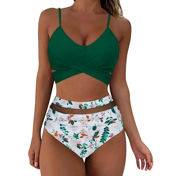Gibobby Traje de Baño Sexy Bikini Bikini de cintura alta de malla para mujer, trajes de baño sexys de dos piezas con realce, traje de baño vintage, conju(Verde,G)
