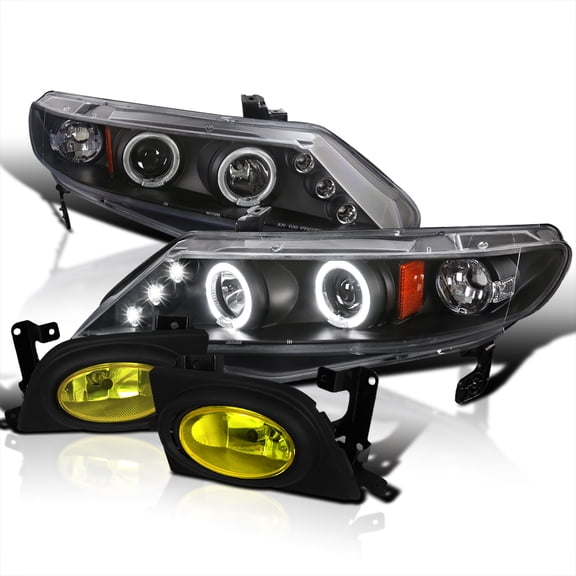 Spec-D Tuning Glossy Black Projector Headlights   Amber Fog Lights Compatible with 2006-2008 Honda Civic 4 Dr Left   Right Pair Headlamps Assembly