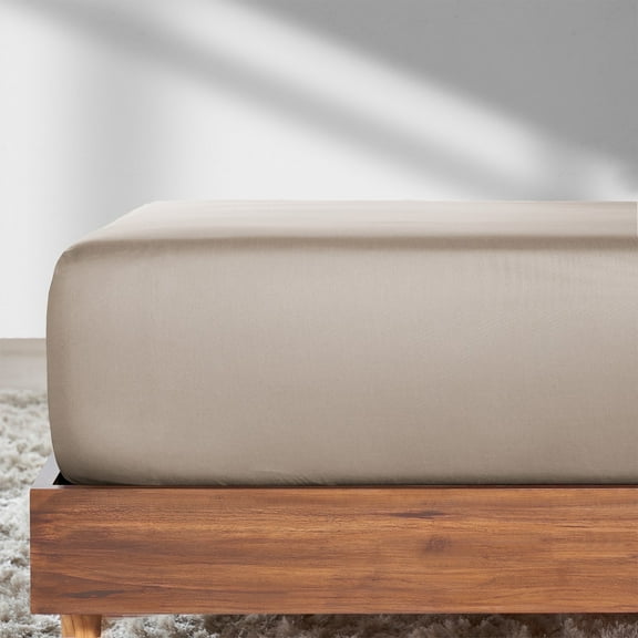 100% Cotton Fitted Full Sheet Only, Sateen, Deep Pocket, All-Around Elastic, Head/Foot Side Indicators -Warm Taupe