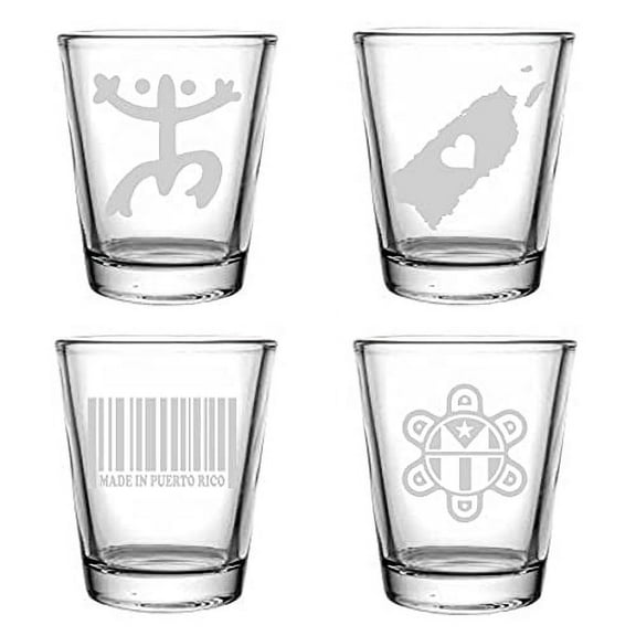 Engraved Puerto Rico Shot Glass Set of Four: Coqui Symbol, Made in Puerto Rico Barcode, Puerto Rican Map, Taino Sun with Puerto Rican Flag