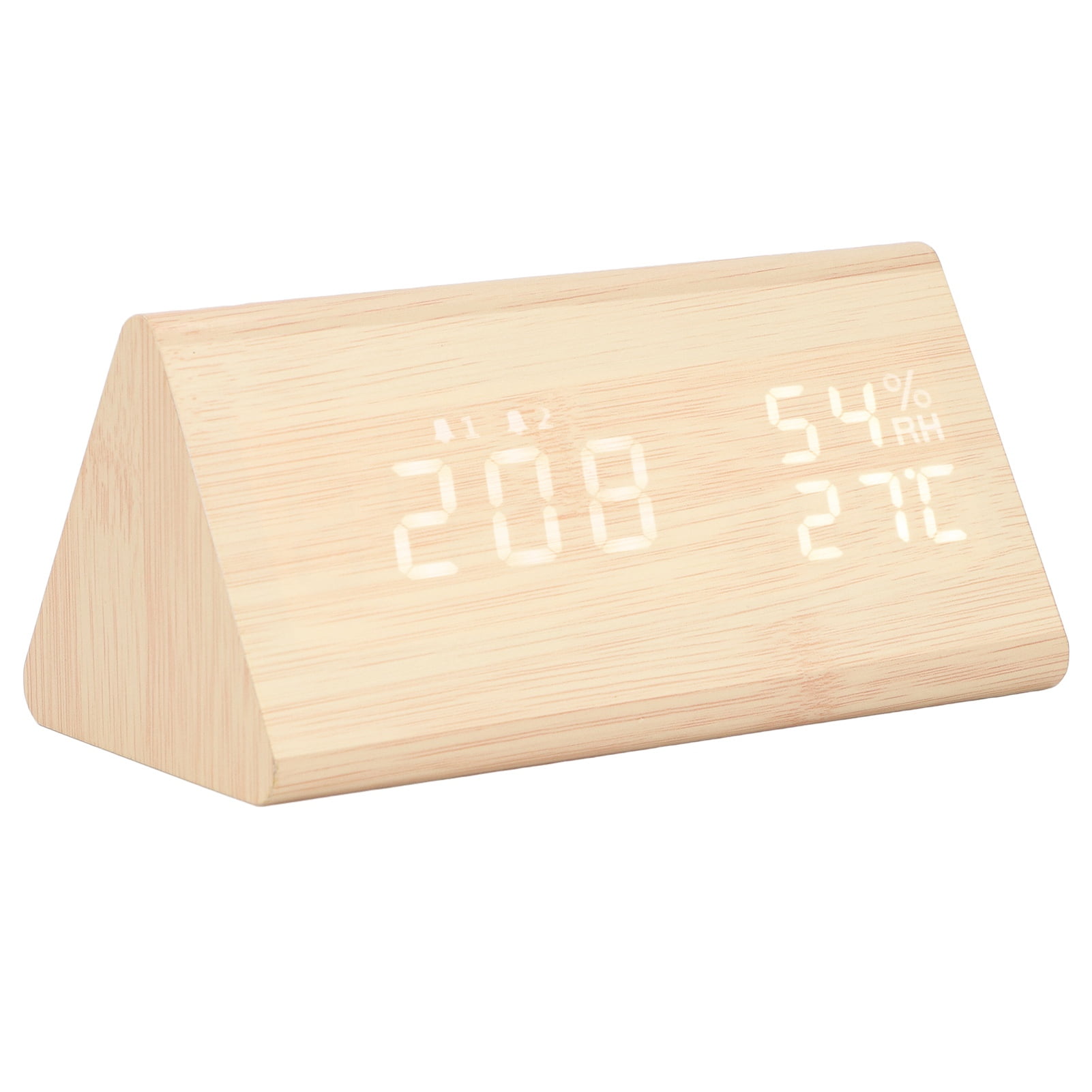 Triangle LED Digital Wooden Alarm Clock with Voice Control Humidity and Temperature Bedside Display, Bamboo Wood, 6.7 in / 17 cm