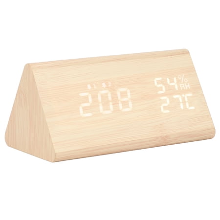 Riousery LED Digital Alarm Clock Multipurpose Wooden Voice Control Temperature Humidity Display 6.69 inches / 17 cm (Bamboo Wood)